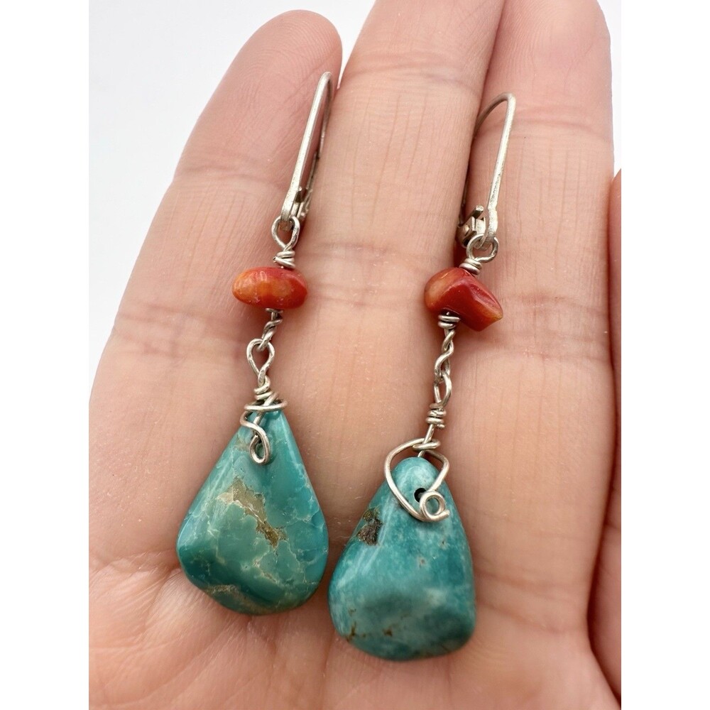 Southwestern Sterling Silver Turquoise Coral Lever Back Earrings